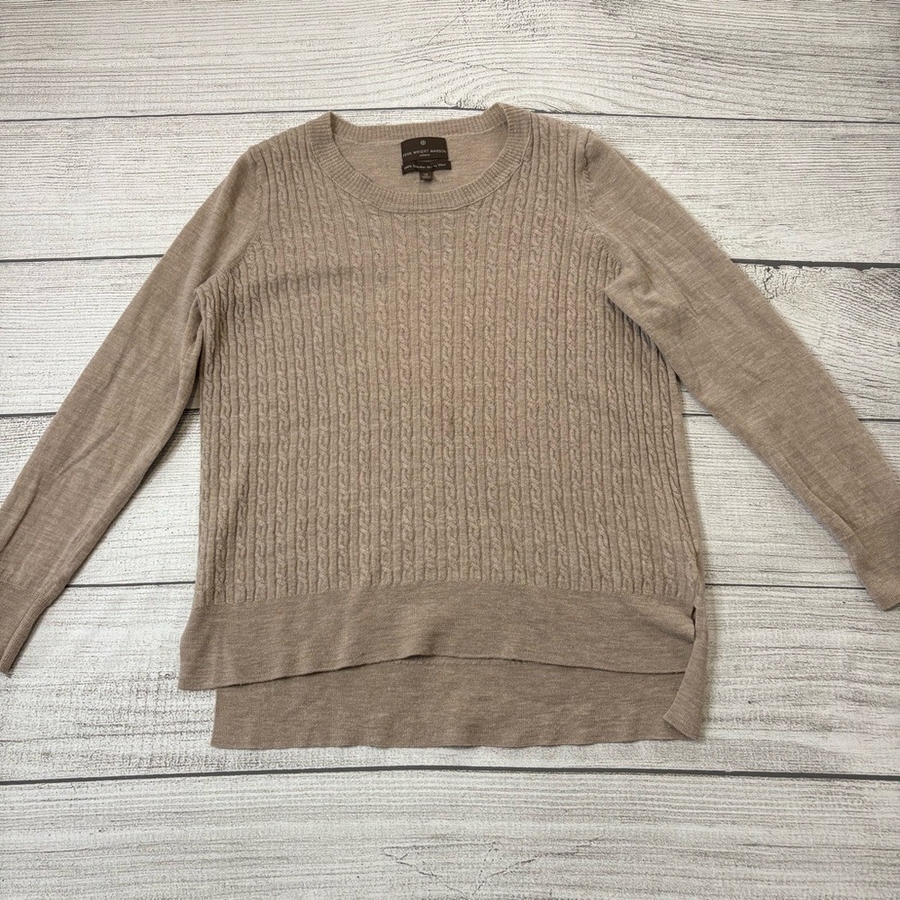 Fenn Wright Manson Women's‎ Taupe Merino Wool Cable Knit Sweater Elbow Patches